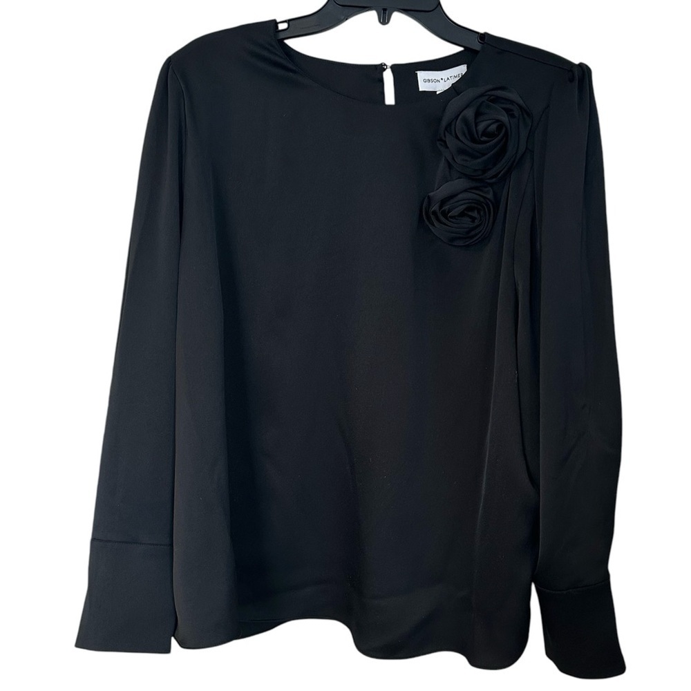 Gibson Latimer Shirt Black Feminine Romantic Rosettes & Covered Buttons Size XXL